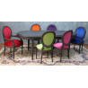 LOT 6 À 14 CHAISES MÉDAILLON MULTICOLORES EN STOCK - Bois laqué noirLOT 6 À 14 CHAISES MÉDAILLON MULTICOLORES - Bois laqué noirMulticolores = une couleur différente par chaise.Chaises Médaillon Louis XVI en hêtre 100% massif, robustes, spacieuses et confortables, adaptées aussi bien aux particuliers pour un usage quotidien qu’aux professionnels de la restauration pour une utilisation intensive.Finition du bois : laqué noir.Prix promotionnel sur stock : 199€ TTC l’unité, exclusivement sur les modèles actuellement en stock et jusqu’à épuisement des stocks.Prix sur commande : 249€ TTC l’unité.Minimum de commande : 6 chaises.Nous disposons en permanence d’environ 8 à 12 couleurs de velours moderne en stock. Près de 800 couleurs et références de tissus sont disponibles sur commande, avec différentes matières comme le simili cuir, le lin, le coton, etc.Le stock disponible immédiatement est exclusivement proposé en velours moderne.Les couleurs disponibles en stock sont visibles dans notre catalogue, rubrique « Velours moderne ». Pour les fabrications sur commande, consultez également toutes les autres rubriques de tissus et revêtements.Hauteur d’assise : 48/50 cmHauteur totale : 100/101 cmLargeur d’assise : 48/50 cm