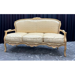Canapé Cabriolet Baroque de Style Louis XV - Bois patine or et blanc et tissus crème et blanc