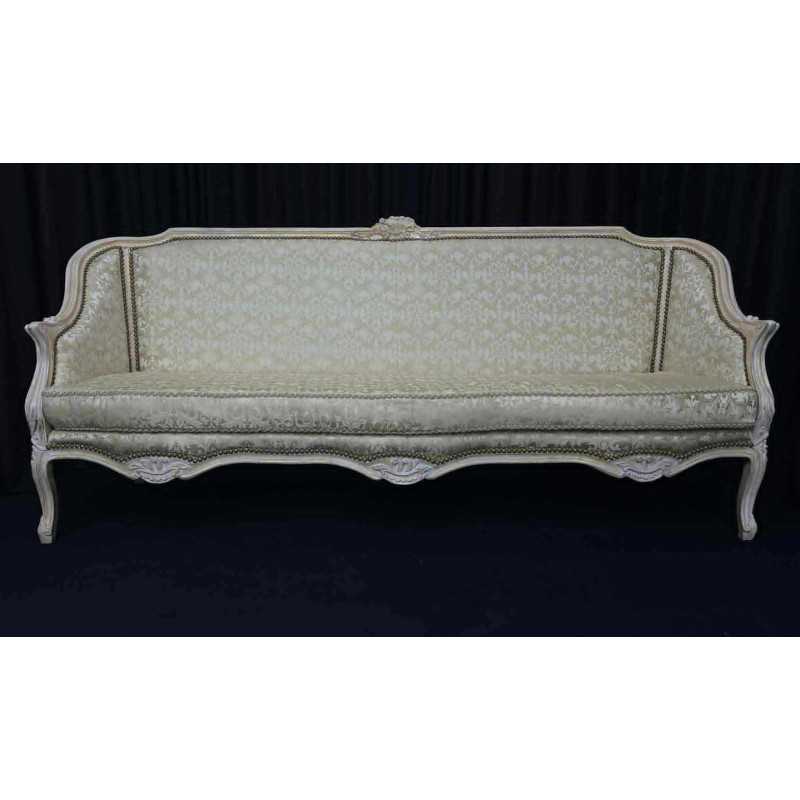 Canapé Cabriolet Baroque de Style Louis XV - Bois patine or et blanc et tissus crème et blanc