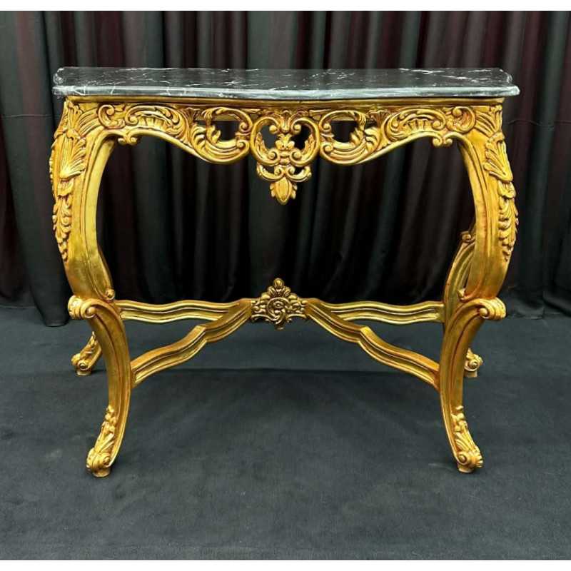 CONSOLE STYLE BAROQUE - FEUILLE D'OR - MARBRE NOIR - 110cm