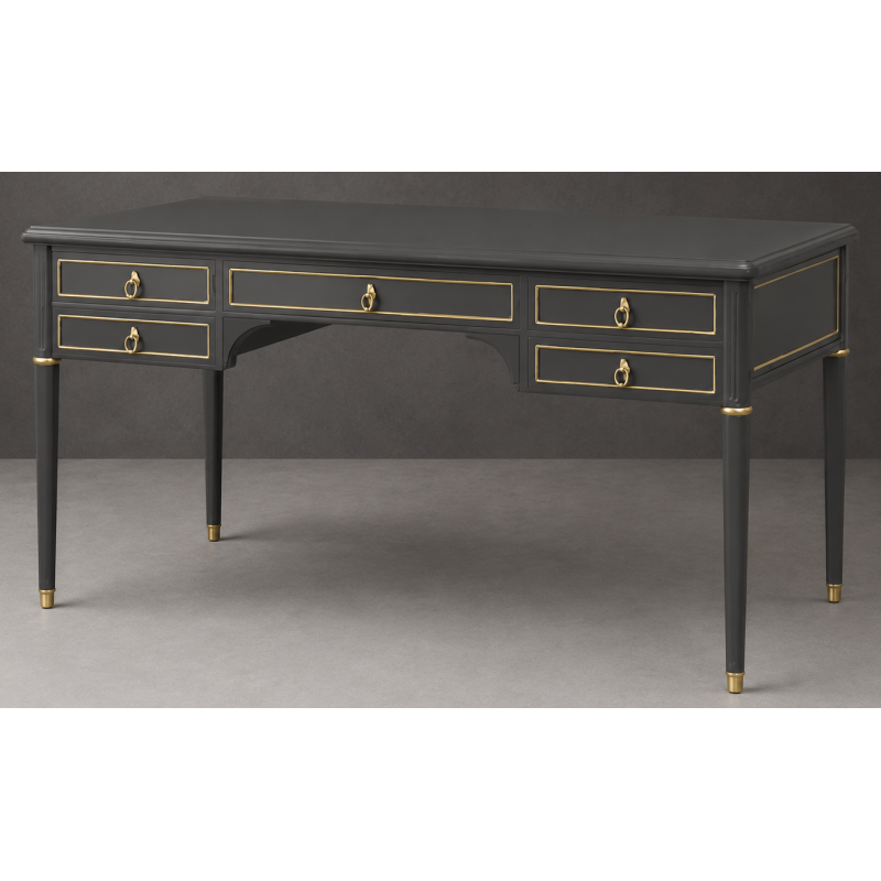 Bureau Style Louis XVI - Largeur 140cm - Profondeur 70cm - Bois laqué grisBureau Style Louis XVI sur commande avec un livraison sous 2 mois en moyenne.Pour les produits sur commande, la commande s’effectue par e-mail après réception et validation d’un devis. Lors de votre demande, merci de préciser le modèle souhaité, la teinte et la finition du bois, les dimensions désirées ainsi que les éventuelles options de personnalisation. Vous recevrez en retour un devis personnalisé, accompagné des instructions nécessaires pour passer votre commande ainsi que de notre RIB pour le règlement de l’acompte de 50%.La livraison est proposée au tarif unique de 349€ TTC dans toute la France continentale, quels que soient le nombre de meubles commandés, leur volume ou la distance à parcourir. Nous effectuons nous-mêmes la livraison de nos meubles, sans faire appel à un transporteur ni à un sous-traitant. Chaque bureau est soigneusement protégé dans notre véhicule à l’aide de couvertures épaisses et de mousses de calage afin de limiter les risques de chocs, de rayures ou de détérioration pendant le trajet.