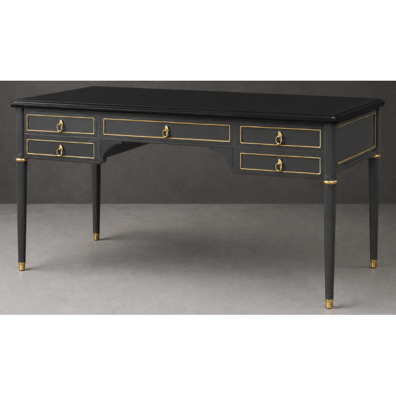 Bureau Style Louis XVI - Largeur 140cm - Profondeur 70cm - Bois laqué gris et noirBureau Style Louis XVI sur commande avec un livraison sous 2 mois en moyenne.Pour les produits sur commande, la commande s’effectue par e-mail après réception et validation d’un devis. Lors de votre demande, merci de préciser le modèle souhaité, la teinte et la finition du bois, les dimensions désirées ainsi que les éventuelles options de personnalisation. Vous recevrez en retour un devis personnalisé, accompagné des instructions nécessaires pour passer votre commande ainsi que de notre RIB pour le règlement de l’acompte de 50%.La livraison est proposée au tarif unique de 349€ TTC dans toute la France continentale, quels que soient le nombre de meubles commandés, leur volume ou la distance à parcourir. Nous effectuons nous-mêmes la livraison de nos meubles, sans faire appel à un transporteur ni à un sous-traitant. Chaque bureau est soigneusement protégé dans notre véhicule à l’aide de couvertures épaisses et de mousses de calage afin de limiter les risques de chocs, de rayures ou de détérioration pendant le trajet.