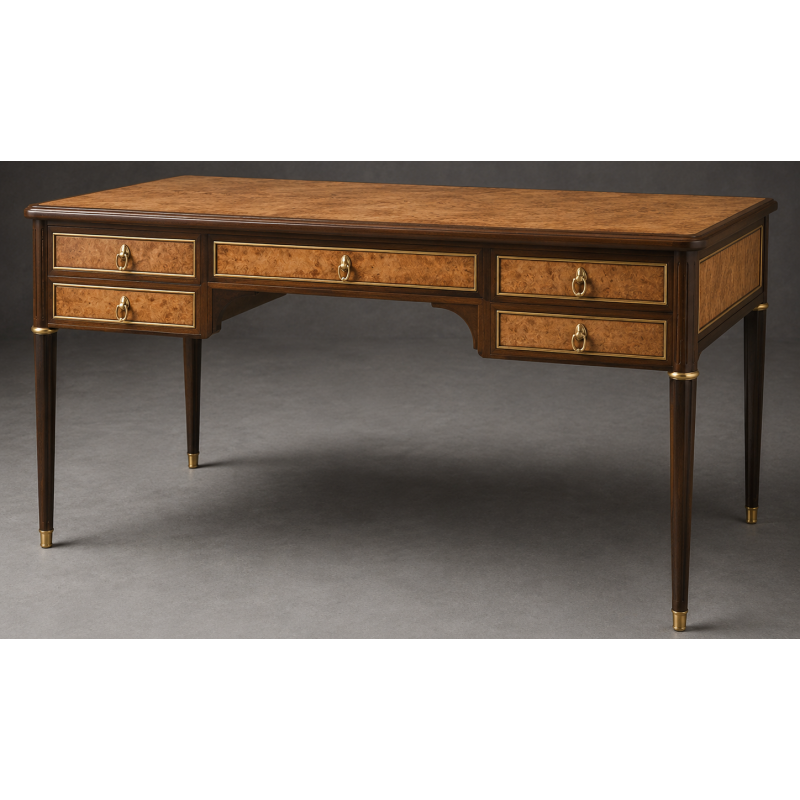 Bureau Style Louis XVI - Largeur 140cm - Profondeur 70cm - Bois Marqueterie bicouleursBureau Style Louis XVI sur commande avec un livraison sous 2 mois en moyenne.Pour les produits sur commande, la commande s’effectue par e-mail après réception et validation d’un devis. Lors de votre demande, merci de préciser le modèle souhaité, la teinte et la finition du bois, les dimensions désirées ainsi que les éventuelles options de personnalisation. Vous recevrez en retour un devis personnalisé, accompagné des instructions nécessaires pour passer votre commande ainsi que de notre RIB pour le règlement de l’acompte de 50%.La livraison est proposée au tarif unique de 349€ TTC dans toute la France continentale, quels que soient le nombre de meubles commandés, leur volume ou la distance à parcourir. Nous effectuons nous-mêmes la livraison de nos meubles, sans faire appel à un transporteur ni à un sous-traitant. Chaque bureau est soigneusement protégé dans notre véhicule à l’aide de couvertures épaisses et de mousses de calage afin de limiter les risques de chocs, de rayures ou de détérioration pendant le trajet.