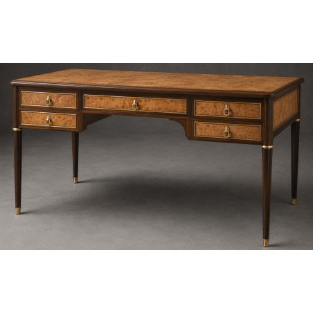Bureau Style Louis XVI - Largeur 140cm - Profondeur 70cm - Bois Marqueterie bicouleursBureau Style Louis XVI sur commande avec un livraison sous 2 mois en moyenne.Pour les produits sur commande, la commande s’effectue par e-mail après réception et validation d’un devis. Lors de votre demande, merci de préciser le modèle souhaité, la teinte et la finition du bois, les dimensions désirées ainsi que les éventuelles options de personnalisation. Vous recevrez en retour un devis personnalisé, accompagné des instructions nécessaires pour passer votre commande ainsi que de notre RIB pour le règlement de l’acompte de 50%.La livraison est proposée au tarif unique de 349€ TTC dans toute la France continentale, quels que soient le nombre de meubles commandés, leur volume ou la distance à parcourir. Nous effectuons nous-mêmes la livraison de nos meubles, sans faire appel à un transporteur ni à un sous-traitant. Chaque bureau est soigneusement protégé dans notre véhicule à l’aide de couvertures épaisses et de mousses de calage afin de limiter les risques de chocs, de rayures ou de détérioration pendant le trajet.