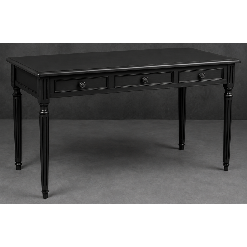 Bureau Style Louis XVI - Largeur 140cm - Profondeur 70cm - Bois Enduit Noir MatBureau Style Louis XVI sur commande avec un livraison sous 2 mois en moyenne.Pour les produits sur commande, la commande s’effectue par e-mail après réception et validation d’un devis. Lors de votre demande, merci de préciser le modèle souhaité, la teinte et la finition du bois, les dimensions désirées ainsi que les éventuelles options de personnalisation. Vous recevrez en retour un devis personnalisé, accompagné des instructions nécessaires pour passer votre commande ainsi que de notre RIB pour le règlement de l’acompte de 50%.La livraison est proposée au tarif unique de 349€ TTC dans toute la France continentale, quels que soient le nombre de meubles commandés, leur volume ou la distance à parcourir. Nous effectuons nous-mêmes la livraison de nos meubles, sans faire appel à un transporteur ni à un sous-traitant. Chaque bureau est soigneusement protégé dans notre véhicule à l’aide de couvertures épaisses et de mousses de calage afin de limiter les risques de chocs, de rayures ou de détérioration pendant le trajet.