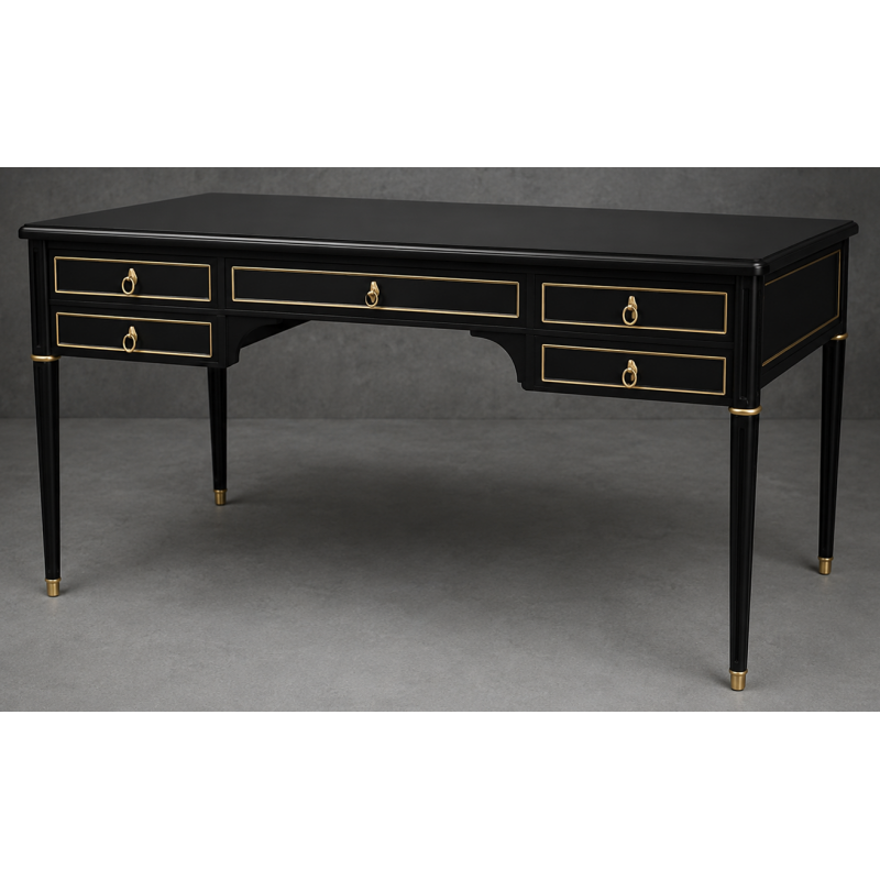 Bureau Style Louis XVI - Largeur 140cm - Profondeur 70cm - Bois laqué noirBureau Style Louis XVI sur commande avec un livraison sous 2 mois en moyenne.Pour les produits sur commande, la commande s’effectue par e-mail après réception et validation d’un devis. Lors de votre demande, merci de préciser le modèle souhaité, la teinte et la finition du bois, les dimensions désirées ainsi que les éventuelles options de personnalisation. Vous recevrez en retour un devis personnalisé, accompagné des instructions nécessaires pour passer votre commande ainsi que de notre RIB pour le règlement de l’acompte de 50%.La livraison est proposée au tarif unique de 349€ TTC dans toute la France continentale, quels que soient le nombre de meubles commandés, leur volume ou la distance à parcourir. Nous effectuons nous-mêmes la livraison de nos meubles, sans faire appel à un transporteur ni à un sous-traitant. Chaque bureau est soigneusement protégé dans notre véhicule à l’aide de couvertures épaisses et de mousses de calage afin de limiter les risques de chocs, de rayures ou de détérioration pendant le trajet.