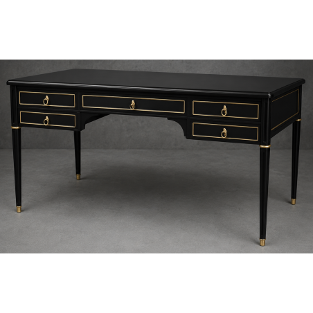 Bureau Style Louis XVI - Largeur 140cm - Profondeur 70cm - Bois laqué noirBureau Style Louis XVI sur commande avec un livraison sous 2 mois en moyenne.Pour les produits sur commande, la commande s’effectue par e-mail après réception et validation d’un devis. Lors de votre demande, merci de préciser le modèle souhaité, la teinte et la finition du bois, les dimensions désirées ainsi que les éventuelles options de personnalisation. Vous recevrez en retour un devis personnalisé, accompagné des instructions nécessaires pour passer votre commande ainsi que de notre RIB pour le règlement de l’acompte de 50%.La livraison est proposée au tarif unique de 349€ TTC dans toute la France continentale, quels que soient le nombre de meubles commandés, leur volume ou la distance à parcourir. Nous effectuons nous-mêmes la livraison de nos meubles, sans faire appel à un transporteur ni à un sous-traitant. Chaque bureau est soigneusement protégé dans notre véhicule à l’aide de couvertures épaisses et de mousses de calage afin de limiter les risques de chocs, de rayures ou de détérioration pendant le trajet.