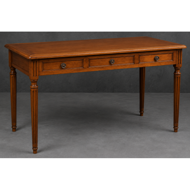 Bureau Style Louis XVI - Largeur 140cm - Profondeur 70cm - Bois vernis chene clairBureau Style Louis XVI sur commande avec un livraison sous 2 mois en moyenne.Pour les produits sur commande, la commande s’effectue par e-mail après réception et validation d’un devis. Lors de votre demande, merci de préciser le modèle souhaité, la teinte et la finition du bois, les dimensions désirées ainsi que les éventuelles options de personnalisation. Vous recevrez en retour un devis personnalisé, accompagné des instructions nécessaires pour passer votre commande ainsi que de notre RIB pour le règlement de l’acompte de 50%.La livraison est proposée au tarif unique de 349€ TTC dans toute la France continentale, quels que soient le nombre de meubles commandés, leur volume ou la distance à parcourir. Nous effectuons nous-mêmes la livraison de nos meubles, sans faire appel à un transporteur ni à un sous-traitant. Chaque bureau est soigneusement protégé dans notre véhicule à l’aide de couvertures épaisses et de mousses de calage afin de limiter les risques de chocs, de rayures ou de détérioration pendant le trajet.
