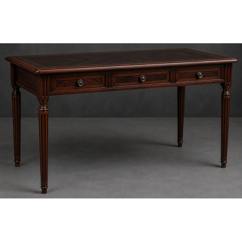 Bureau Style Louis XVI - Largeur 140cm - Profondeur 70cm - Bois vernis chene foncéBureau Style Louis XVI sur commande avec un livraison sous 2 mois en moyenne.Pour les produits sur commande, la commande s’effectue par e-mail après réception et validation d’un devis. Lors de votre demande, merci de préciser le modèle souhaité, la teinte et la finition du bois, les dimensions désirées ainsi que les éventuelles options de personnalisation. Vous recevrez en retour un devis personnalisé, accompagné des instructions nécessaires pour passer votre commande ainsi que de notre RIB pour le règlement de l’acompte de 50%.La livraison est proposée au tarif unique de 349€ TTC dans toute la France continentale, quels que soient le nombre de meubles commandés, leur volume ou la distance à parcourir. Nous effectuons nous-mêmes la livraison de nos meubles, sans faire appel à un transporteur ni à un sous-traitant. Chaque bureau est soigneusement protégé dans notre véhicule à l’aide de couvertures épaisses et de mousses de calage afin de limiter les risques de chocs, de rayures ou de détérioration pendant le trajet.