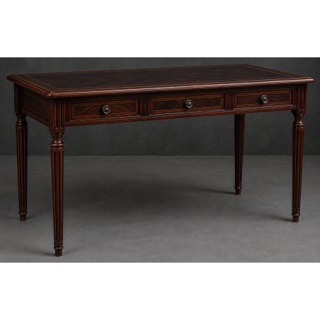 Bureau Style Louis XVI - Largeur 140cm - Profondeur 70cm - Bois vernis chene foncéBureau Style Louis XVI sur commande avec un livraison sous 2 mois en moyenne.Pour les produits sur commande, la commande s’effectue par e-mail après réception et validation d’un devis. Lors de votre demande, merci de préciser le modèle souhaité, la teinte et la finition du bois, les dimensions désirées ainsi que les éventuelles options de personnalisation. Vous recevrez en retour un devis personnalisé, accompagné des instructions nécessaires pour passer votre commande ainsi que de notre RIB pour le règlement de l’acompte de 50%.La livraison est proposée au tarif unique de 349€ TTC dans toute la France continentale, quels que soient le nombre de meubles commandés, leur volume ou la distance à parcourir. Nous effectuons nous-mêmes la livraison de nos meubles, sans faire appel à un transporteur ni à un sous-traitant. Chaque bureau est soigneusement protégé dans notre véhicule à l’aide de couvertures épaisses et de mousses de calage afin de limiter les risques de chocs, de rayures ou de détérioration pendant le trajet.