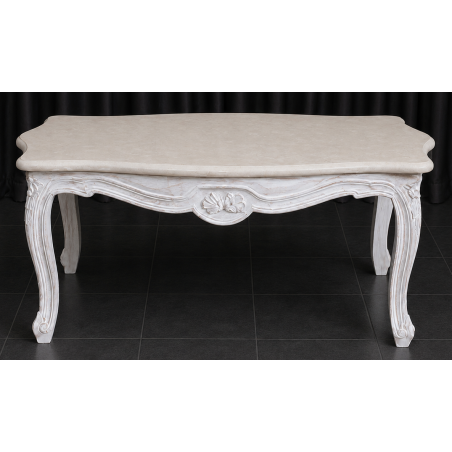 TABLE BASSE DE SALON DE STYLE LOUIS XV - L90cm - Cerusé Blanc - Marbre CrèmeLes MEUBLES DOBOIS vous propose cette élégante TABLE BASSE DE STYLE LOUIS XV en bois de hêtre massif.Finition cérusé blanc avec un marbre crème.PRIX PROMO : 249€ TTC au lieu de 449€ TTC, sous condition de l’achat simultané d’un canapé, sur une même commande et avec une livraison unique.