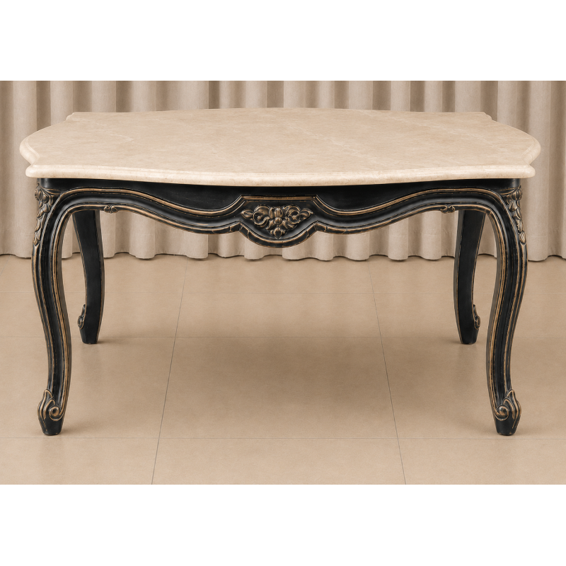 TABLE BASSE DE SALON DE STYLE LOUIS XV - L90cm - Bois Noir et Brut - Marbre CrèmeLes MEUBLES DOBOIS vous propose cette élégante TABLE BASSE DE STYLE LOUIS XV en bois de hêtre massif.Finition vernis noir napoléon poncé sur les reliefs et sculptures, ce qui donne une couleur noir et hêtre brut. Plateau en Marbre crème.PRIX PROMO : 249€ TTC au lieu de 449€ TTC, sous condition de l’achat simultané d’un canapé, sur une même commande et avec une livraison unique.