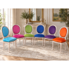 LOT 6 CHAISES MEDAILLON MULTICOLORES - Bois cérusé blanc - "PROMO -20%"Ensemble de 6 chaises Médaillon de style Louis XVI avec finition bois cérusé blanc. Le lot est composé de plusieurs coloris : chaque chaise possède une couleur de velours différente.La structure est fabriquée en hêtre 100 % massif. Ces chaises offrent une assise large et confortable et conviennent aussi bien à un intérieur particulier qu’à un usage professionnel, notamment pour les restaurants, hôtels et salles de réception.Prix stock : 199€ TTC par chaise, dans la limite des modèles et coloris disponibles immédiatement.Notre stock comprend généralement entre 10 et 20 teintes de velours moderne. Pour une fabrication personnalisée, près de 800 références de tissus, couleurs et matières sont proposées : velours, simili cuir, lin, coton et autres revêtements.Les chaises disponibles immédiatement sont uniquement proposées en velours moderne. Les coloris du moment sont présentés dans notre catalogue, rubrique « Velours moderne ».Livraison effectuée par nos soins. Chaque chaise est soigneusement protégée pendant le transport sous couvertures et avec des mousses de calage afin de limiter les risques de chocs et de frottements.Hauteur d’assise : 50cmHauteur : 101cmLargeur : 50cm