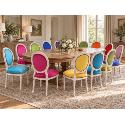 LOT 6 CHAISES MEDAILLON MULTICOLORES - Bois cérusé blanc - "PROMO -20%"Ensemble de 6 chaises Médaillon de style Louis XVI avec finition bois cérusé blanc. Le lot est composé de plusieurs coloris : chaque chaise possède une couleur de velours différente.La structure est fabriquée en hêtre 100 % massif. Ces chaises offrent une assise large et confortable et conviennent aussi bien à un intérieur particulier qu’à un usage professionnel, notamment pour les restaurants, hôtels et salles de réception.Prix stock : 199€ TTC par chaise, dans la limite des modèles et coloris disponibles immédiatement.Notre stock comprend généralement entre 10 et 20 teintes de velours moderne. Pour une fabrication personnalisée, près de 800 références de tissus, couleurs et matières sont proposées : velours, simili cuir, lin, coton et autres revêtements.Les chaises disponibles immédiatement sont uniquement proposées en velours moderne. Les coloris du moment sont présentés dans notre catalogue, rubrique « Velours moderne ».Livraison effectuée par nos soins. Chaque chaise est soigneusement protégée pendant le transport sous couvertures et avec des mousses de calage afin de limiter les risques de chocs et de frottements.Hauteur d’assise : 50cmHauteur : 101cmLargeur : 50cm