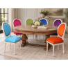 LOT 6 CHAISES MEDAILLON MULTICOLORES - Bois cérusé blanc - "PROMO -20%"Ensemble de 6 chaises Médaillon de style Louis XVI avec finition bois cérusé blanc. Le lot est composé de plusieurs coloris : chaque chaise possède une couleur de velours différente.La structure est fabriquée en hêtre 100 % massif. Ces chaises offrent une assise large et confortable et conviennent aussi bien à un intérieur particulier qu’à un usage professionnel, notamment pour les restaurants, hôtels et salles de réception.Prix stock : 199€ TTC par chaise, dans la limite des modèles et coloris disponibles immédiatement.Notre stock comprend généralement entre 10 et 20 teintes de velours moderne. Pour une fabrication personnalisée, près de 800 références de tissus, couleurs et matières sont proposées : velours, simili cuir, lin, coton et autres revêtements.Les chaises disponibles immédiatement sont uniquement proposées en velours moderne. Les coloris du moment sont présentés dans notre catalogue, rubrique « Velours moderne ».Livraison effectuée par nos soins. Chaque chaise est soigneusement protégée pendant le transport sous couvertures et avec des mousses de calage afin de limiter les risques de chocs et de frottements.Hauteur d’assise : 50cmHauteur : 101cmLargeur : 50cm