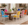 LOT 6 CHAISES MEDAILLON MULTICOLORES - Bois cérusé blanc - "PROMO -20%"Ensemble de 6 chaises Médaillon de style Louis XVI avec finition bois cérusé blanc. Le lot est composé de plusieurs coloris : chaque chaise possède une couleur de velours différente.La structure est fabriquée en hêtre 100 % massif. Ces chaises offrent une assise large et confortable et conviennent aussi bien à un intérieur particulier qu’à un usage professionnel, notamment pour les restaurants, hôtels et salles de réception.Prix stock : 199€ TTC par chaise, dans la limite des modèles et coloris disponibles immédiatement.Notre stock comprend généralement entre 10 et 20 teintes de velours moderne. Pour une fabrication personnalisée, près de 800 références de tissus, couleurs et matières sont proposées : velours, simili cuir, lin, coton et autres revêtements.Les chaises disponibles immédiatement sont uniquement proposées en velours moderne. Les coloris du moment sont présentés dans notre catalogue, rubrique « Velours moderne ».Livraison effectuée par nos soins. Chaque chaise est soigneusement protégée pendant le transport sous couvertures et avec des mousses de calage afin de limiter les risques de chocs et de frottements.Hauteur d’assise : 50cmHauteur : 101cmLargeur : 50cm
