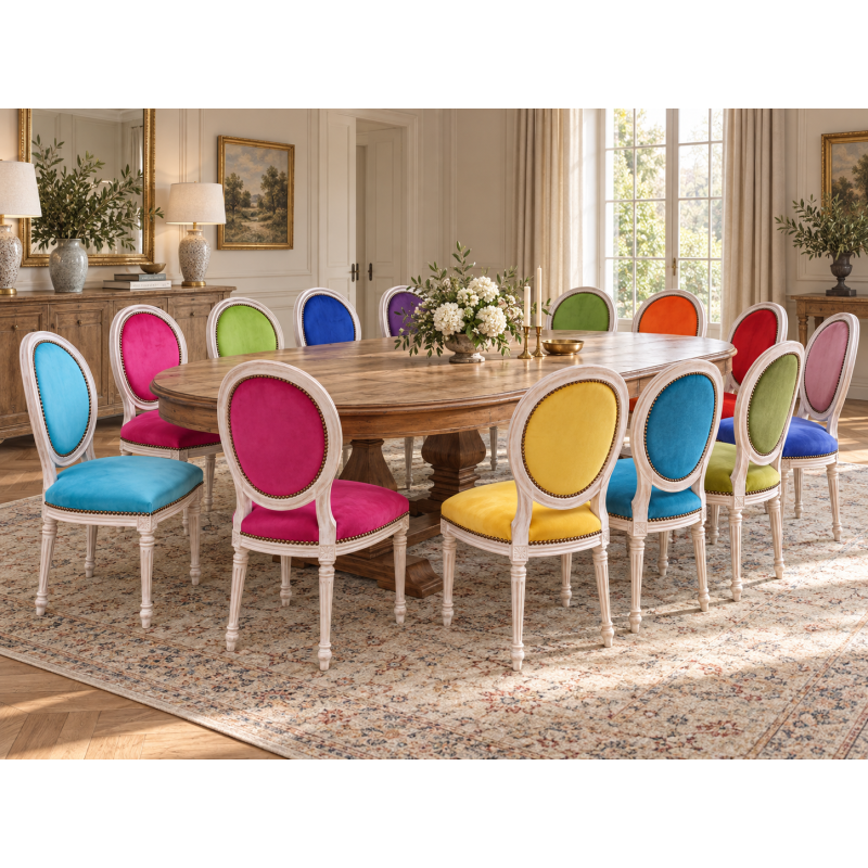 LOT 8 CHAISES MEDAILLON - Bois cérusé blanc, velours multicolores - "PROMO STOCK -20%"Ensemble de 8 chaises Médaillon de style Louis XVI avec finition bois cérusé blanc. Le lot est composé de plusieurs coloris : chaque chaise possède une couleur de velours différente.La structure est fabriquée en hêtre 100 % massif. Ces chaises offrent une assise large et confortable et conviennent aussi bien à un intérieur particulier qu’à un usage professionnel, notamment pour les restaurants, hôtels et salles de réception.Prix stock : 199€ TTC par chaise, dans la limite des modèles et coloris disponibles immédiatement.Notre stock comprend généralement entre 10 et 20 teintes de velours moderne. Pour une fabrication personnalisée, près de 800 références de tissus, couleurs et matières sont proposées : velours, simili cuir, lin, coton et autres revêtements.Les chaises disponibles immédiatement sont uniquement proposées en velours moderne. Les coloris du moment sont présentés dans notre catalogue, rubrique « Velours moderne ».Livraison effectuée par nos soins. Chaque chaise est soigneusement protégée pendant le transport sous couvertures et avec des mousses de calage afin de limiter les risques de chocs et de frottements.Hauteur d’assise : 50cmHauteur : 101cmLargeur : 50cm