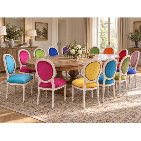 LOT 8 CHAISES MEDAILLON - Bois cérusé blanc, velours multicolores - "PROMO STOCK -20%"Ensemble de 8 chaises Médaillon de style Louis XVI avec finition bois cérusé blanc. Le lot est composé de plusieurs coloris : chaque chaise possède une couleur de velours différente.La structure est fabriquée en hêtre 100 % massif. Ces chaises offrent une assise large et confortable et conviennent aussi bien à un intérieur particulier qu’à un usage professionnel, notamment pour les restaurants, hôtels et salles de réception.Prix stock : 199€ TTC par chaise, dans la limite des modèles et coloris disponibles immédiatement.Notre stock comprend généralement entre 10 et 20 teintes de velours moderne. Pour une fabrication personnalisée, près de 800 références de tissus, couleurs et matières sont proposées : velours, simili cuir, lin, coton et autres revêtements.Les chaises disponibles immédiatement sont uniquement proposées en velours moderne. Les coloris du moment sont présentés dans notre catalogue, rubrique « Velours moderne ».Livraison effectuée par nos soins. Chaque chaise est soigneusement protégée pendant le transport sous couvertures et avec des mousses de calage afin de limiter les risques de chocs et de frottements.Hauteur d’assise : 50cmHauteur : 101cmLargeur : 50cm