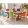 LOT 8 CHAISES MEDAILLON - Bois cérusé blanc, velours multicolores - "PROMO STOCK -20%"Ensemble de 8 chaises Médaillon de style Louis XVI avec finition bois cérusé blanc. Le lot est composé de plusieurs coloris : chaque chaise possède une couleur de velours différente.La structure est fabriquée en hêtre 100 % massif. Ces chaises offrent une assise large et confortable et conviennent aussi bien à un intérieur particulier qu’à un usage professionnel, notamment pour les restaurants, hôtels et salles de réception.Prix stock : 199€ TTC par chaise, dans la limite des modèles et coloris disponibles immédiatement.Notre stock comprend généralement entre 10 et 20 teintes de velours moderne. Pour une fabrication personnalisée, près de 800 références de tissus, couleurs et matières sont proposées : velours, simili cuir, lin, coton et autres revêtements.Les chaises disponibles immédiatement sont uniquement proposées en velours moderne. Les coloris du moment sont présentés dans notre catalogue, rubrique « Velours moderne ».Livraison effectuée par nos soins. Chaque chaise est soigneusement protégée pendant le transport sous couvertures et avec des mousses de calage afin de limiter les risques de chocs et de frottements.Hauteur d’assise : 50cmHauteur : 101cmLargeur : 50cm