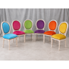 LOT 8 CHAISES MEDAILLON - Bois cérusé blanc, velours multicolores - "PROMO STOCK -20%"Ensemble de 8 chaises Médaillon de style Louis XVI avec finition bois cérusé blanc. Le lot est composé de plusieurs coloris : chaque chaise possède une couleur de velours différente.La structure est fabriquée en hêtre 100 % massif. Ces chaises offrent une assise large et confortable et conviennent aussi bien à un intérieur particulier qu’à un usage professionnel, notamment pour les restaurants, hôtels et salles de réception.Prix stock : 199€ TTC par chaise, dans la limite des modèles et coloris disponibles immédiatement.Notre stock comprend généralement entre 10 et 20 teintes de velours moderne. Pour une fabrication personnalisée, près de 800 références de tissus, couleurs et matières sont proposées : velours, simili cuir, lin, coton et autres revêtements.Les chaises disponibles immédiatement sont uniquement proposées en velours moderne. Les coloris du moment sont présentés dans notre catalogue, rubrique « Velours moderne ».Livraison effectuée par nos soins. Chaque chaise est soigneusement protégée pendant le transport sous couvertures et avec des mousses de calage afin de limiter les risques de chocs et de frottements.Hauteur d’assise : 50cmHauteur : 101cmLargeur : 50cm