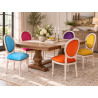 LOT 8 CHAISES MEDAILLON - Bois cérusé blanc, velours multicolores - "PROMO STOCK -20%"Ensemble de 8 chaises Médaillon de style Louis XVI avec finition bois cérusé blanc. Le lot est composé de plusieurs coloris : chaque chaise possède une couleur de velours différente.La structure est fabriquée en hêtre 100 % massif. Ces chaises offrent une assise large et confortable et conviennent aussi bien à un intérieur particulier qu’à un usage professionnel, notamment pour les restaurants, hôtels et salles de réception.Prix stock : 199€ TTC par chaise, dans la limite des modèles et coloris disponibles immédiatement.Notre stock comprend généralement entre 10 et 20 teintes de velours moderne. Pour une fabrication personnalisée, près de 800 références de tissus, couleurs et matières sont proposées : velours, simili cuir, lin, coton et autres revêtements.Les chaises disponibles immédiatement sont uniquement proposées en velours moderne. Les coloris du moment sont présentés dans notre catalogue, rubrique « Velours moderne ».Livraison effectuée par nos soins. Chaque chaise est soigneusement protégée pendant le transport sous couvertures et avec des mousses de calage afin de limiter les risques de chocs et de frottements.Hauteur d’assise : 50cmHauteur : 101cmLargeur : 50cm