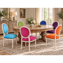 LOT 8 CHAISES MEDAILLON - Bois cérusé blanc, velours multicolores - "PROMO STOCK -20%"Ensemble de 8 chaises Médaillon de style Louis XVI avec finition bois cérusé blanc. Le lot est composé de plusieurs coloris : chaque chaise possède une couleur de velours différente.La structure est fabriquée en hêtre 100 % massif. Ces chaises offrent une assise large et confortable et conviennent aussi bien à un intérieur particulier qu’à un usage professionnel, notamment pour les restaurants, hôtels et salles de réception.Prix stock : 199€ TTC par chaise, dans la limite des modèles et coloris disponibles immédiatement.Notre stock comprend généralement entre 10 et 20 teintes de velours moderne. Pour une fabrication personnalisée, près de 800 références de tissus, couleurs et matières sont proposées : velours, simili cuir, lin, coton et autres revêtements.Les chaises disponibles immédiatement sont uniquement proposées en velours moderne. Les coloris du moment sont présentés dans notre catalogue, rubrique « Velours moderne ».Livraison effectuée par nos soins. Chaque chaise est soigneusement protégée pendant le transport sous couvertures et avec des mousses de calage afin de limiter les risques de chocs et de frottements.Hauteur d’assise : 50cmHauteur : 101cmLargeur : 50cm