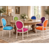 LOT 8 CHAISES MEDAILLON - Bois cérusé blanc, velours multicolores - "PROMO STOCK -20%"Ensemble de 8 chaises Médaillon de style Louis XVI avec finition bois cérusé blanc. Le lot est composé de plusieurs coloris : chaque chaise possède une couleur de velours différente.La structure est fabriquée en hêtre 100 % massif. Ces chaises offrent une assise large et confortable et conviennent aussi bien à un intérieur particulier qu’à un usage professionnel, notamment pour les restaurants, hôtels et salles de réception.Prix stock : 199€ TTC par chaise, dans la limite des modèles et coloris disponibles immédiatement.Notre stock comprend généralement entre 10 et 20 teintes de velours moderne. Pour une fabrication personnalisée, près de 800 références de tissus, couleurs et matières sont proposées : velours, simili cuir, lin, coton et autres revêtements.Les chaises disponibles immédiatement sont uniquement proposées en velours moderne. Les coloris du moment sont présentés dans notre catalogue, rubrique « Velours moderne ».Livraison effectuée par nos soins. Chaque chaise est soigneusement protégée pendant le transport sous couvertures et avec des mousses de calage afin de limiter les risques de chocs et de frottements.Hauteur d’assise : 50cmHauteur : 101cmLargeur : 50cm