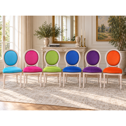 LOT 8 CHAISES MEDAILLON - Bois cérusé blanc, velours multicolores - "PROMO STOCK -20%"Ensemble de 8 chaises Médaillon de style Louis XVI avec finition bois cérusé blanc. Le lot est composé de plusieurs coloris : chaque chaise possède une couleur de velours différente.La structure est fabriquée en hêtre 100 % massif. Ces chaises offrent une assise large et confortable et conviennent aussi bien à un intérieur particulier qu’à un usage professionnel, notamment pour les restaurants, hôtels et salles de réception.Prix stock : 199€ TTC par chaise, dans la limite des modèles et coloris disponibles immédiatement.Notre stock comprend généralement entre 10 et 20 teintes de velours moderne. Pour une fabrication personnalisée, près de 800 références de tissus, couleurs et matières sont proposées : velours, simili cuir, lin, coton et autres revêtements.Les chaises disponibles immédiatement sont uniquement proposées en velours moderne. Les coloris du moment sont présentés dans notre catalogue, rubrique « Velours moderne ».Livraison effectuée par nos soins. Chaque chaise est soigneusement protégée pendant le transport sous couvertures et avec des mousses de calage afin de limiter les risques de chocs et de frottements.Hauteur d’assise : 50cmHauteur : 101cmLargeur : 50cm