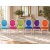 LOT 8 CHAISES MEDAILLON - Bois cérusé blanc, velours multicolores - "PROMO STOCK -20%"Ensemble de 8 chaises Médaillon de style Louis XVI avec finition bois cérusé blanc. Le lot est composé de plusieurs coloris : chaque chaise possède une couleur de velours différente.La structure est fabriquée en hêtre 100 % massif. Ces chaises offrent une assise large et confortable et conviennent aussi bien à un intérieur particulier qu’à un usage professionnel, notamment pour les restaurants, hôtels et salles de réception.Prix stock : 199€ TTC par chaise, dans la limite des modèles et coloris disponibles immédiatement.Notre stock comprend généralement entre 10 et 20 teintes de velours moderne. Pour une fabrication personnalisée, près de 800 références de tissus, couleurs et matières sont proposées : velours, simili cuir, lin, coton et autres revêtements.Les chaises disponibles immédiatement sont uniquement proposées en velours moderne. Les coloris du moment sont présentés dans notre catalogue, rubrique « Velours moderne ».Livraison effectuée par nos soins. Chaque chaise est soigneusement protégée pendant le transport sous couvertures et avec des mousses de calage afin de limiter les risques de chocs et de frottements.Hauteur d’assise : 50cmHauteur : 101cmLargeur : 50cm