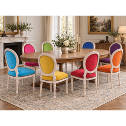 LOT 8 CHAISES MEDAILLON - Bois cérusé blanc, velours multicolores - "PROMO STOCK -20%"Ensemble de 8 chaises Médaillon de style Louis XVI avec finition bois cérusé blanc. Le lot est composé de plusieurs coloris : chaque chaise possède une couleur de velours différente.La structure est fabriquée en hêtre 100 % massif. Ces chaises offrent une assise large et confortable et conviennent aussi bien à un intérieur particulier qu’à un usage professionnel, notamment pour les restaurants, hôtels et salles de réception.Prix stock : 199€ TTC par chaise, dans la limite des modèles et coloris disponibles immédiatement.Notre stock comprend généralement entre 10 et 20 teintes de velours moderne. Pour une fabrication personnalisée, près de 800 références de tissus, couleurs et matières sont proposées : velours, simili cuir, lin, coton et autres revêtements.Les chaises disponibles immédiatement sont uniquement proposées en velours moderne. Les coloris du moment sont présentés dans notre catalogue, rubrique « Velours moderne ».Livraison effectuée par nos soins. Chaque chaise est soigneusement protégée pendant le transport sous couvertures et avec des mousses de calage afin de limiter les risques de chocs et de frottements.Hauteur d’assise : 50cmHauteur : 101cmLargeur : 50cm