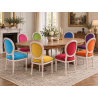 LOT 8 CHAISES MEDAILLON - Bois cérusé blanc, velours multicolores - "PROMO STOCK -20%"Ensemble de 8 chaises Médaillon de style Louis XVI avec finition bois cérusé blanc. Le lot est composé de plusieurs coloris : chaque chaise possède une couleur de velours différente.La structure est fabriquée en hêtre 100 % massif. Ces chaises offrent une assise large et confortable et conviennent aussi bien à un intérieur particulier qu’à un usage professionnel, notamment pour les restaurants, hôtels et salles de réception.Prix stock : 199€ TTC par chaise, dans la limite des modèles et coloris disponibles immédiatement.Notre stock comprend généralement entre 10 et 20 teintes de velours moderne. Pour une fabrication personnalisée, près de 800 références de tissus, couleurs et matières sont proposées : velours, simili cuir, lin, coton et autres revêtements.Les chaises disponibles immédiatement sont uniquement proposées en velours moderne. Les coloris du moment sont présentés dans notre catalogue, rubrique « Velours moderne ».Livraison effectuée par nos soins. Chaque chaise est soigneusement protégée pendant le transport sous couvertures et avec des mousses de calage afin de limiter les risques de chocs et de frottements.Hauteur d’assise : 50cmHauteur : 101cmLargeur : 50cm