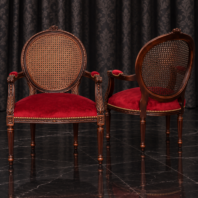 LOT 2 FAUTEUILS MÉDAILLON - Vernis chêne poncé brut, velours bordeaux et dossier cannéLes Meubles DOBOIS vous propose ce lot de 2 fauteuils Médaillon de style Louis XVI, fabriqués dans nos ateliers selon des méthodes traditionnelles.Structure en hêtre 100 % massif avec finition vernis chêne poncé brut : le vernis chêne est volontairement poncé sur les sculptures et les reliefs afin de créer un effet vieilli et faire ressortir le travail du bois.Assise garnie d’un velours bordeaux, associée à un dossier en cannage naturel pour un rendu élégant et authentique.Ce modèle peut également être fabriqué sur commande avec un large choix de tissus, matières et finitions de bois.Livraison assurée par nos soins, avec protection individuelle des fauteuils dans des couvertures et mousses de calage pendant le transport.