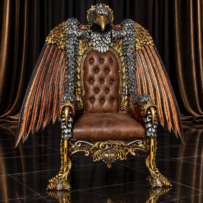 FAUTEUIL TRÔNE "AIGLE ROYAL" DE STYLE BAROQUE - ÉDITION LIMITÉELes Meubles DOBOIS vous propose cet imposant fauteuil trône de style baroque, fabriqué dans nos ateliers selon des méthodes traditionnelles.Structure en hêtre 100 % massif avec un important travail de sculpture réalisé à la main au ciseau à bois. Le dossier est dominé par une spectaculaire tête d’aigle entourée de grandes ailes sculptées. Finition travaillée en plusieurs tons : doré, argenté et cuivré, afin de faire ressortir chaque plume, relief et détail de la sculpture.Assise et dossier garnis de cuir marron, avec dossier capitonné pour renforcer l’aspect majestueux du fauteuil.Ce modèle peut également être fabriqué sur commande avec différents tissus, cuirs, simili cuirs, coloris et finitions de bois.Livraison assurée par nos soins, avec protection du fauteuil dans des couvertures et mousses de calage pendant le transport.