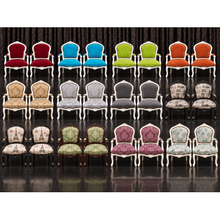 LOT 24 FAUTEUILS CABRIOLET STYLE LOUIS XV - Couleurs aléatoires, prix promo dépareilléLes Meubles DOBOIS vous propose une offre spéciale sur un lot de 24 fauteuils Cabriolet de style Louis XV, fabriqués dans nos ateliers en bois de hêtre 100 % massif.PRIX PROMO : 249 € TTC l’unité, soit 207,50 € HT, au lieu de 349 € TTC, soit 290,83 € HT.Prix total des 24 fauteuils : 5 976 € TTC / 4 980 € HT au lieu de 8 376 € TTC / 6 980 € HT. Soit une remise totale de 2 400 € TTC.Les structures peuvent présenter différentes finitions : bois laqué, cérusé, ou finition à la feuille d’or, patinée ou non. Garniture tapissier traditionnelle réalisée avec crin, ressorts et sangles.Finition avec véritable cloutage réalisé clou par clou, généralement avec des clous bronze ou dorés selon la teinte du bois et le tissu.Cette offre est réservée aux clients acceptant un assortiment dépareillé. Les couleurs, tissus et finitions sont aléatoires, à l’unité ou par paire selon les disponibilités. Aucune sélection de couleur n’est possible sur cette fiche produit. Les fauteuils sont sélectionnés dans nos stocks, des plus anciens aux plus récents.Livraison possible par nos soins, avec protection individuelle dans des couvertures et mousses de calage.
