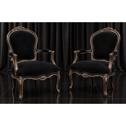 LOT 2 FAUTEUILS CABRIOLET - Bois vernis noir poncé brutLes Meubles DOBOIS vous propose une paire de fauteuil cabriolet de style Louis XVI, disponible en stock et fabriquée dans nos ateliers selon des méthodes traditionnelles.Structure en hêtre 100% massif avec une finition vernis noir et poncé à la main sur les reliefs pour faire apparaître le bois brut en dessous. Garniture traditionnelle avec ressorts, crin et sangles, pour une assise confortable et durable.Ce modèle peut également être fabriqué sur commande avec un large choix de tissus : velours, lin, coton, simili cuir, cuir, ainsi que différentes finitions de bois.Livraison assurée par nos soins, avec protection individuelle des fauteuils dans des couvertures et mousses de calage pendant le transport.