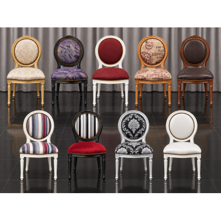 LOT 70 CHAISES MÉDAILLON STYLE LOUIS XVI - Déstockage, couleurs aléatoiresLes Meubles DOBOIS vous propose un lot de 70 chaises Médaillon de style Louis XVI modernisé, issues de lots de 4, 6 et 8 chaises.PRIX PROMO : 179€ TTC l’unité au lieu de 298€ TTC. 149€ HT au lieu de 249€ HT. Total 70 chaises : 12 530€ TTC au lieu de 20 860€ TTC. 10 441€ HT au lieu de 17 383€ HT.Chaises destinées à un usage professionnel et spécialement renforcées (option à 49€). La ceinture en bois est usinée afin que les 4 équerres viennent s’encastrer à l’intérieur de la structure, contrairement à de simples équerres clouées. Le bois est sélectionné afin de limiter au maximum les assemblages de plusieurs morceaux inutiles. Et enfin un renforcement de la ceinture en fer forgé est fabriquée sur mesure par notre ferronnier et intégrée sous l’assise afin d’obtenir une structure particulièrement résistante pour un usage professionnel intensif.Le camion étant limité à 70 chaises, l’annonce est limitée à cette quantité par commande. Au delà de 70 chaise il faudra effectuer plusieurs commandes.À ce prix, aucune sélection de couleur, tissu ou finition : les modèles sont attribués aléatoirement selon le stock disponible. Produits neufs vendus en déstockage.