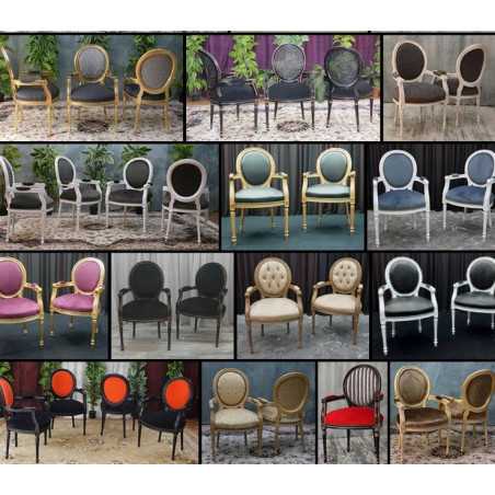 LOT 30 CHAISES MÉDAILLON AVEC ACCOUDOIRS - Déstockage, couleurs aléatoiresLes Meubles DOBOIS vous propose un déstockage de 30 chaises Médaillon avec accoudoirs, fabriquées en hêtre massif et destinées notamment aux professionnels de la restauration, hôtels, bureaux et salles d’attente.PRIX DÉSTOCKAGE : 229€ TTC l’unité au lieu de 349€ TTC. 190€ HT au lieu de 290€ HT.Attention : il ne s’agit pas de fauteuils de salon mais bien de chaises avec accoudoirs. La hauteur d’assise est celle d’une chaise classique, adaptée à une table à manger, une table de restaurant ou un bureau. Elles ne sont donc pas conçues comme assises basses de salon, mais peuvent parfaitement convenir à une salle d’attente.À ce tarif, aucune sélection de couleur, tissu ou finition n’est possible. Les modèles sont attribués aléatoirement selon les stocks disponibles.Produits parfaitement neufs proposés en déstockage.Livraison possible par nos soins, avec protection dans des couvertures et mousses de calage.