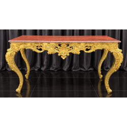CONSOLE STYLE BAROQUE - OR RELIEFS CUIVRE - MARBRE ROUGE - 160cm - PROMOMagnifique Console Baroque en bois doré à la feuille d'or, patiné cuivré dans les reliefs. Fabrication dans nos atelier en bois de hêtre 100% massif, sculpté à la main, chaque pièce est donc unique. Plateau en Marbre Rouge.Possibilité de fabrication sur mesure avec choix des dimensions, de la forme, du modèle et des finitions : bois laqué, vernis ou marqueterie. Consultez notre catalogue pour découvrir toutes les options disponibles.