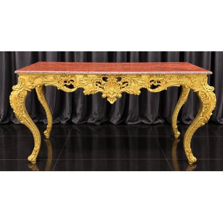 CONSOLE STYLE BAROQUE - OR RELIEFS CUIVRE - MARBRE ROUGE - 160cm - PROMOMagnifique Console Baroque en bois doré à la feuille d'or, patiné cuivré dans les reliefs. Fabrication dans nos atelier en bois de hêtre 100% massif, sculpté à la main, chaque pièce est donc unique. Plateau en Marbre Rouge.Possibilité de fabrication sur mesure avec choix des dimensions, de la forme, du modèle et des finitions : bois laqué, vernis ou marqueterie. Consultez notre catalogue pour découvrir toutes les options disponibles.