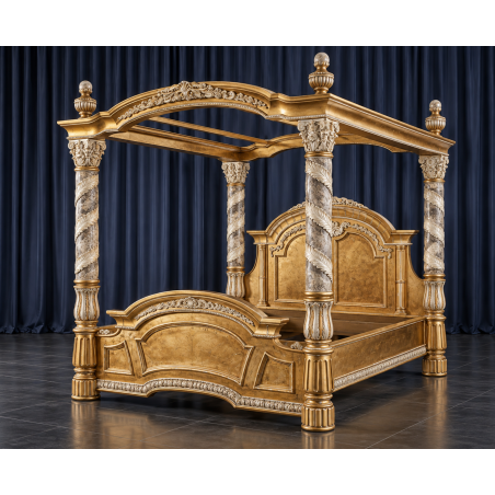 Lit à Baldaquin Italien Style Baroque 160x200 - Bois Doré à la Feuille - Les Meubles DOBOISLit à baldaquin italien de style baroque, un modèle spectaculaire inspiré du mobilier des palais et demeures anciennes.Entièrement personnalisable, ce lit à baldaquin peut être fabriqué selon vos envies : dimensions, tissu, finition du bois, capitonnage, couleurs et nombreuses options. Plus de 800 choix de tissus, matières, teintes et finitions sont disponibles pour créer un lit unique adapté à votre décoration.Nos lits baldaquin sont fabriqués en hêtre 100% massif, avec des sculptures réalisées à la main au ciseau à bois. Plusieurs finitions sont proposées : bois naturel, vernis, cérusé blanc ou noir, laqué blanc, gris ou noir, feuille d'or patinée, finition or riche ou autres finitions sur demande.Disponible en largeur intérieur 160, 180 et 200cm. D'autres dimensions peuvent être étudiées pour une fabrication sur mesure.Retrouvez toutes nos finitions de bois, tissus et options dans la rubrique CATALOGUE FINITIONS sur www.dobois.comLivraison assurée directement par Les Meubles DOBOIS, avec protection par couvertures épaisses et mousse de calage, sans transporteur classique.