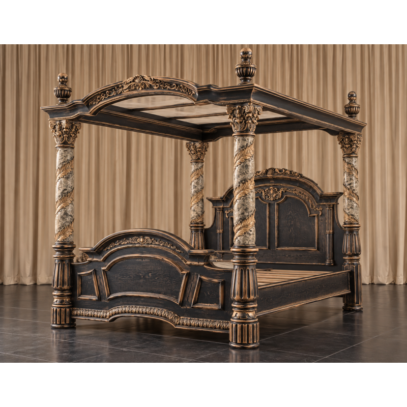 Lit à Baldaquin Italien Style Baroque 160x200 - Bois Chêne Hêtre brut - Les Meubles DOBOISFabriqué en hêtre 100% massif, ce lit à baldaquin de style baroque italien se distingue par ses nombreuses sculptures réalisées à la main au ciseau à bois.Sa finition actuelle est réalisée avec un vernis au tampon noir Napoléon, ensuite poncé manuellement sur les reliefs afin de faire apparaître le bois brut en dessous et accentuer les détails des sculptures.Ce modèle est disponible en largeur intérieure 160, 180 et 200cm.Chaque lit peut être entièrement personnalisé selon vos envies : tissu, capitonnage, dimensions, finition du bois, couleurs et différentes options. Plus de 800 choix de tissus, matières, teintes et finitions permettent de composer un modèle adapté à votre décoration.De nombreuses finitions de bois sont proposées : bois naturel, vernis, cérusé blanc ou noir, laqué blanc, gris ou noir, feuille d'or patinée, finition or riche et autres finitions sur demande.Toutes nos finitions de bois, tissus et options sont présentées dans la rubrique CATALOGUE FINITIONS sur www.dobois.comLa livraison est assurée directement par Les Meubles DOBOIS. Le mobilier est protégé avec des couvertures épaisses et de la mousse de calage, sans passage par un transporteur classique.