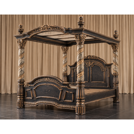 Lit à Baldaquin Italien Style Baroque 160x200 - Bois Chêne Hêtre brut - Les Meubles DOBOISFabriqué en hêtre 100% massif, ce lit à baldaquin de style baroque italien se distingue par ses nombreuses sculptures réalisées à la main au ciseau à bois.Sa finition actuelle est réalisée avec un vernis au tampon noir Napoléon, ensuite poncé manuellement sur les reliefs afin de faire apparaître le bois brut en dessous et accentuer les détails des sculptures.Ce modèle est disponible en largeur intérieure 160, 180 et 200cm.Chaque lit peut être entièrement personnalisé selon vos envies : tissu, capitonnage, dimensions, finition du bois, couleurs et différentes options. Plus de 800 choix de tissus, matières, teintes et finitions permettent de composer un modèle adapté à votre décoration.De nombreuses finitions de bois sont proposées : bois naturel, vernis, cérusé blanc ou noir, laqué blanc, gris ou noir, feuille d'or patinée, finition or riche et autres finitions sur demande.Toutes nos finitions de bois, tissus et options sont présentées dans la rubrique CATALOGUE FINITIONS sur www.dobois.comLa livraison est assurée directement par Les Meubles DOBOIS. Le mobilier est protégé avec des couvertures épaisses et de la mousse de calage, sans passage par un transporteur classique.