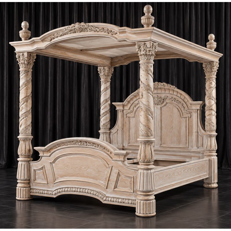 Lit à Baldaquin Italien Style Baroque 160x200 - Bois Cérusé Blanc - Les Meubles DOBOISLit à baldaquin italien de style baroque, un modèle spectaculaire inspiré du mobilier des palais et demeures anciennes.Entièrement personnalisable, ce lit à baldaquin peut être fabriqué selon vos envies : dimensions, tissu, finition du bois, capitonnage, couleurs et nombreuses options. Plus de 800 choix de tissus, matières, teintes et finitions sont disponibles pour créer un lit unique adapté à votre décoration.Nos lits baldaquin sont fabriqués en hêtre 100% massif, avec des sculptures réalisées à la main au ciseau à bois. Plusieurs finitions sont proposées : bois naturel, vernis, cérusé blanc ou noir, laqué blanc, gris ou noir, feuille d'or patinée, finition or riche ou autres finitions sur demande.Disponible en largeur intérieur 160, 180 et 200cm. D'autres dimensions peuvent être étudiées pour une fabrication sur mesure.Retrouvez toutes nos finitions de bois, tissus et options dans la rubrique CATALOGUE FINITIONS sur www.dobois.comLivraison assurée directement par Les Meubles DOBOIS, avec protection par couvertures épaisses et mousse de calage, sans transporteur classique.