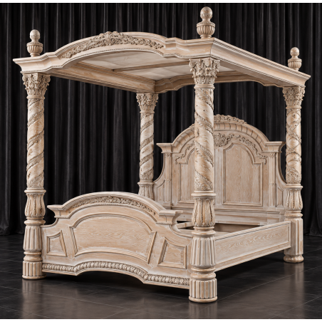 Lit à Baldaquin Italien Style Baroque 160x200 - Bois Cérusé Blanc - Les Meubles DOBOISLit à baldaquin italien de style baroque, un modèle spectaculaire inspiré du mobilier des palais et demeures anciennes.Entièrement personnalisable, ce lit à baldaquin peut être fabriqué selon vos envies : dimensions, tissu, finition du bois, capitonnage, couleurs et nombreuses options. Plus de 800 choix de tissus, matières, teintes et finitions sont disponibles pour créer un lit unique adapté à votre décoration.Nos lits baldaquin sont fabriqués en hêtre 100% massif, avec des sculptures réalisées à la main au ciseau à bois. Plusieurs finitions sont proposées : bois naturel, vernis, cérusé blanc ou noir, laqué blanc, gris ou noir, feuille d'or patinée, finition or riche ou autres finitions sur demande.Disponible en largeur intérieur 160, 180 et 200cm. D'autres dimensions peuvent être étudiées pour une fabrication sur mesure.Retrouvez toutes nos finitions de bois, tissus et options dans la rubrique CATALOGUE FINITIONS sur www.dobois.comLivraison assurée directement par Les Meubles DOBOIS, avec protection par couvertures épaisses et mousse de calage, sans transporteur classique.