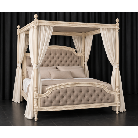 Lit à Baldaquin Style Louis XVI - 160x200 - Bois Cérusé Blanc - Velours Perle - Les Meubles DOBOIS Lit à baldaquin Style Louis XVI entièrement personnalisable : Dimensions, tissu, finition du bois, capitonnage, couleurs et nombreuses options. Plus de 800 choix de tissus, matières, teintes et finitions sont disponibles pour créer un lit unique adapté à votre décoration.Nos lits baldaquin sont fabriqués en hêtre 100% massif, avec des sculptures réalisées à la main au ciseau à bois. Plusieurs finitions sont proposées : bois naturel, vernis, cérusé blanc ou noir, laqué blanc, gris ou noir, feuille d'or patinée, finition or riche ou autres finitions sur demande.Disponible en largeur intérieur 160, 180 et 200cm. D'autres dimensions peuvent être étudiées pour une fabrication sur mesure.Retrouvez toutes nos finitions de bois, tissus et options dans la rubrique CATALOGUE FINITIONS sur www.dobois.comLivraison assurée directement par Les Meubles DOBOIS, avec protection par couvertures épaisses et mousse de calage, sans transporteur classique.