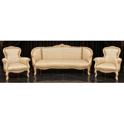 Salon Marquise Style Louis XV - Canapé 3 places 210cm et 2 Fauteuils - Bois patine or blanc et tissus crème et orCanapé Marquise Style Louis XV et 2 Fauteuils en Gondole Style Louis XV.Fabrication haut de gamme avec une structure en bois de hêtre massif, sculptée à la main, puis patinée à la feuille d'or, légèrement blanchie et légèrement patinée. Cette patine est une exclusivité des MEUBLES DOBOIS. La garniture est en crin végétal, ressorts et sangles. Le tissu est un satiné crème avec des broderies dorées.Prix :- 2 079.00€ le canapé en 3 place 210cm (9€ le cm en largeur +10% pour la feuille d'or)- 987.80€ le lot de 2 Fauteuils Cabriolet en Gondole de Style Louis XV (449€ le fauteuil +10% pour la feuille d'or)Options :- 60€ le coussin d'assise 65x55- 45€ le coussin de dossier 45x45