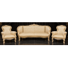 Salon Marquise Style Louis XV - Canapé 3 places 210cm et 2 Fauteuils - Bois patine or blanc et tissus crème et orCanapé Marquise Style Louis XV et 2 Fauteuils en Gondole Style Louis XV.Fabrication haut de gamme avec une structure en bois de hêtre massif, sculptée à la main, puis patinée à la feuille d'or, légèrement blanchie et légèrement patinée. Cette patine est une exclusivité des MEUBLES DOBOIS. La garniture est en crin végétal, ressorts et sangles. Le tissu est un satiné crème avec des broderies dorées.Prix :- 2 079.00€ le canapé en 3 place 210cm (9€ le cm en largeur +10% pour la feuille d'or)- 987.80€ le lot de 2 Fauteuils Cabriolet en Gondole de Style Louis XV (449€ le fauteuil +10% pour la feuille d'or)Options :- 60€ le coussin d'assise 65x55- 45€ le coussin de dossier 45x45