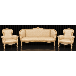 Salon Marquise Style Louis XV - Canapé 3 places 210cm et 2 Fauteuils - Bois patine or blanc et tissus crème et orCanapé Marquise Style Louis XV et 2 Fauteuils en Gondole Style Louis XV.Fabrication haut de gamme avec une structure en bois de hêtre massif, sculptée à la main, puis patinée à la feuille d'or, légèrement blanchie et légèrement patinée. Cette patine est une exclusivité des MEUBLES DOBOIS. La garniture est en crin végétal, ressorts et sangles. Le tissu est un satiné crème avec des broderies dorées.Prix :- 2 079.00€ le canapé en 3 place 210cm (9€ le cm en largeur +10% pour la feuille d'or)- 987.80€ le lot de 2 Fauteuils Cabriolet en Gondole de Style Louis XV (449€ le fauteuil +10% pour la feuille d'or)Options :- 60€ le coussin d'assise 65x55- 45€ le coussin de dossier 45x45