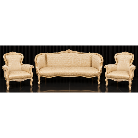 Salon Marquise Style Louis XV - Canapé 3 places 210cm et 2 Fauteuils - Bois patine or blanc et tissus crème et orCanapé Marquise Style Louis XV et 2 Fauteuils en Gondole Style Louis XV.Fabrication haut de gamme avec une structure en bois de hêtre massif, sculptée à la main, puis patinée à la feuille d'or, légèrement blanchie et légèrement patinée. Cette patine est une exclusivité des MEUBLES DOBOIS. La garniture est en crin végétal, ressorts et sangles. Le tissu est un satiné crème avec des broderies dorées.Prix :- 2 079.00€ le canapé en 3 place 210cm (9€ le cm en largeur +10% pour la feuille d'or)- 987.80€ le lot de 2 Fauteuils Cabriolet en Gondole de Style Louis XV (449€ le fauteuil +10% pour la feuille d'or)Options :- 60€ le coussin d'assise 65x55- 45€ le coussin de dossier 45x45