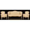 Salon Marquise Style Louis XV - Canapé 3 places 210cm et 2 Fauteuils - Bois patine or blanc et tissus crème et orCanapé Marquise Style Louis XV et 2 Fauteuils en Gondole Style Louis XV.Fabrication haut de gamme avec une structure en bois de hêtre massif, sculptée à la main, puis patinée à la feuille d'or, légèrement blanchie et légèrement patinée. Cette patine est une exclusivité des MEUBLES DOBOIS. La garniture est en crin végétal, ressorts et sangles. Le tissu est un satiné crème avec des broderies dorées.Prix :- 2 079.00€ le canapé en 3 place 210cm (9€ le cm en largeur +10% pour la feuille d'or)- 987.80€ le lot de 2 Fauteuils Cabriolet en Gondole de Style Louis XV (449€ le fauteuil +10% pour la feuille d'or)Options :- 60€ le coussin d'assise 65x55- 45€ le coussin de dossier 45x45